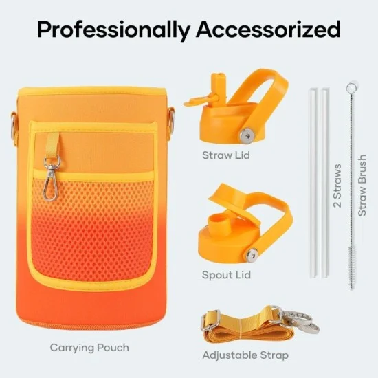 Buzio Duet Series Water Bottle with 2 Lids and Sleeve 1.9L - Yellow Orange